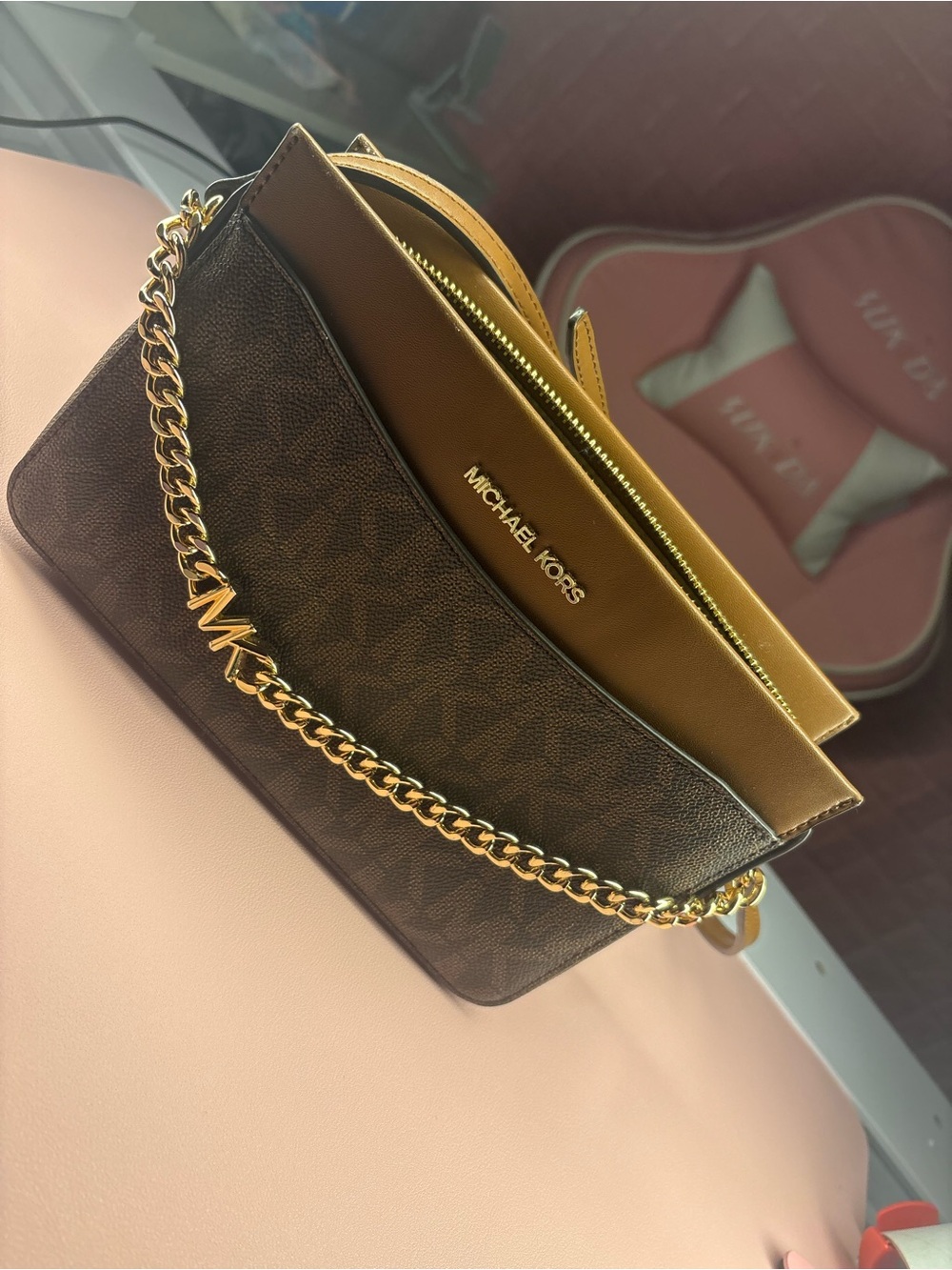 Michael Kors Brown and Tan Chain Crossbody Shoulder Bag